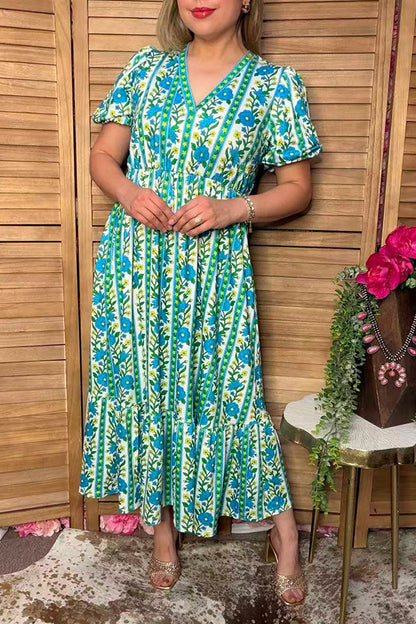 Trendy blue floral print puff sleeve women's boutique dress Southern Stitch GJQ17294