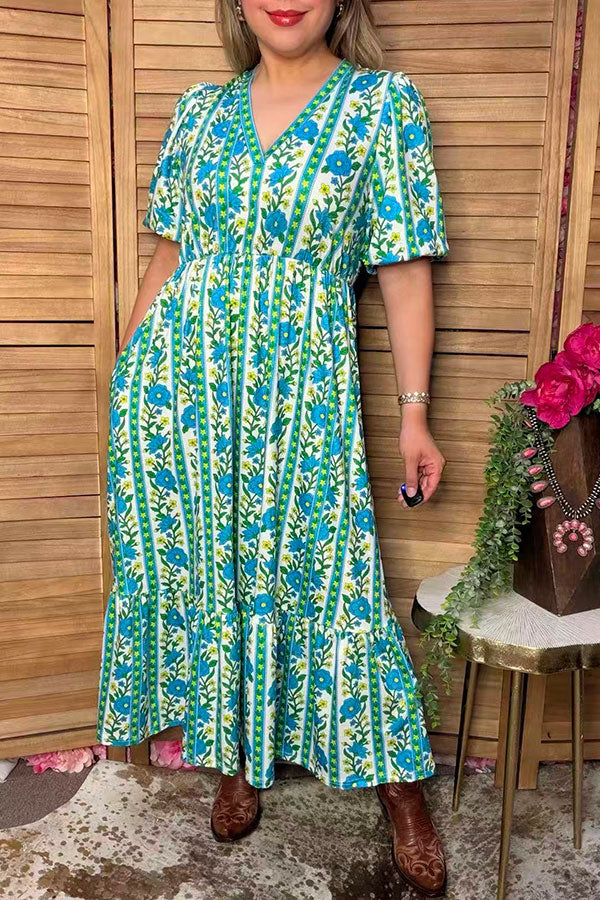 Trendy blue floral print puff sleeve women's boutique dress Southern Stitch GJQ17294