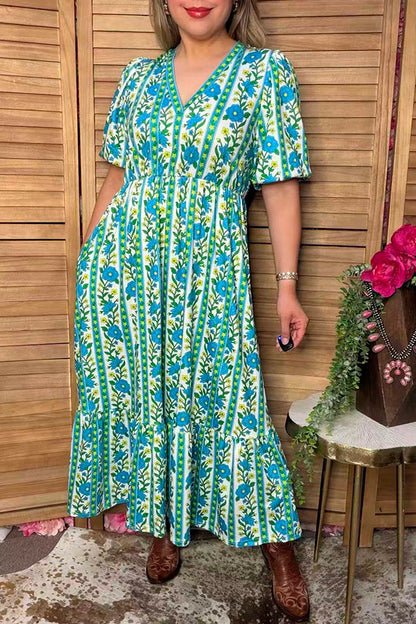 Trendy blue floral print puff sleeve women's boutique dress Southern Stitch GJQ17294