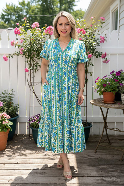 Trendy blue floral print puff sleeve women's boutique dress Southern Stitch GJQ17294