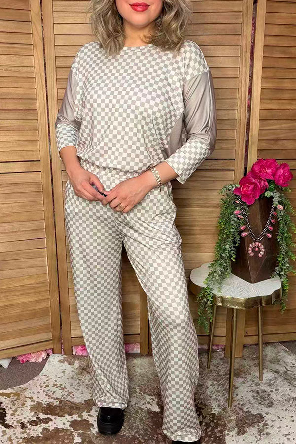 Western grey checkered patchwork 3/4 sleeve women's boutique top Southern Stitch GJQ17308