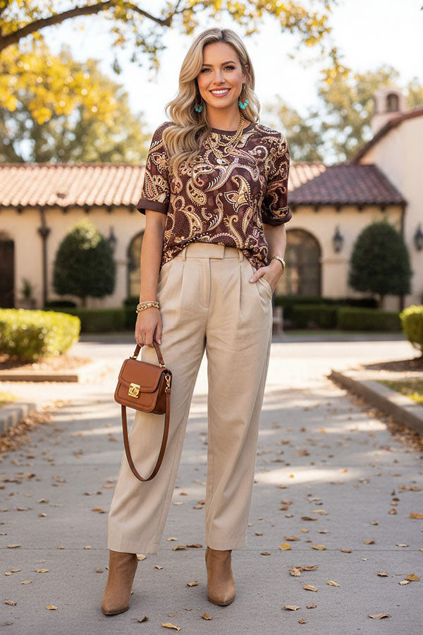 Western paisley print brown short sleeve women's boutique top Southern Stitch GJQ17394