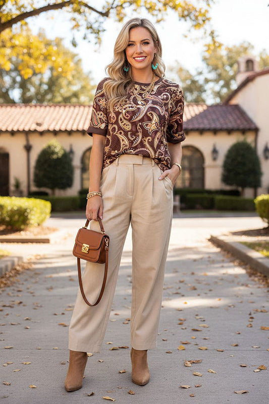 Western paisley print brown short sleeve women's boutique top Southern Stitch GJQ17394