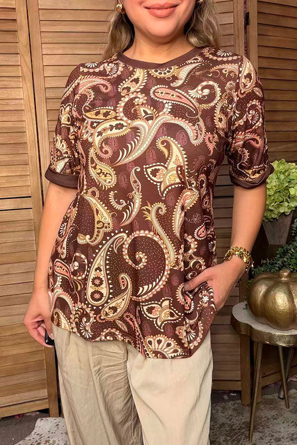 Western paisley print brown short sleeve women's boutique top Southern Stitch GJQ17394