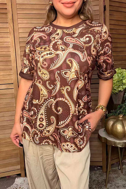 Western paisley print brown short sleeve women's boutique top Southern Stitch GJQ17394