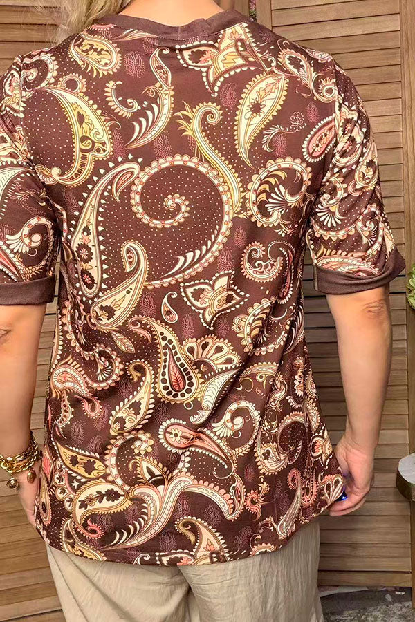 Western paisley print brown short sleeve women's boutique top Southern Stitch GJQ17394