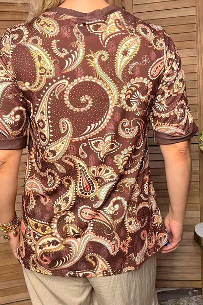 Western paisley print brown short sleeve women's boutique top Southern Stitch GJQ17394