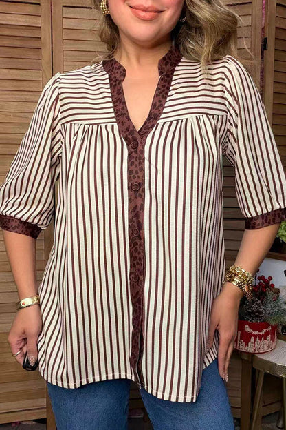 Western brown stripe & leopard short sleeve women's boutique blouse Southern Stitch GJQ17394