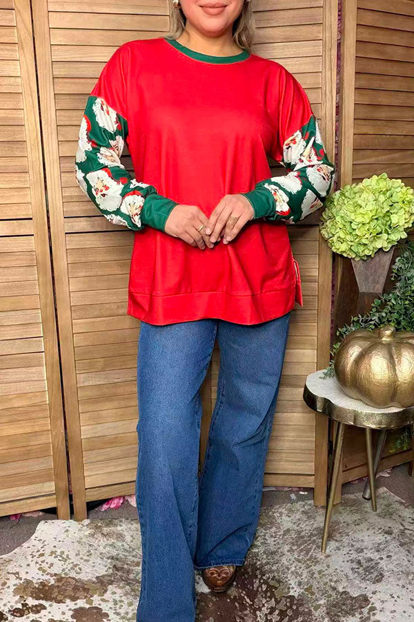 Western Santa print long sleeve & red Christmas women's boutique top GJQ17624