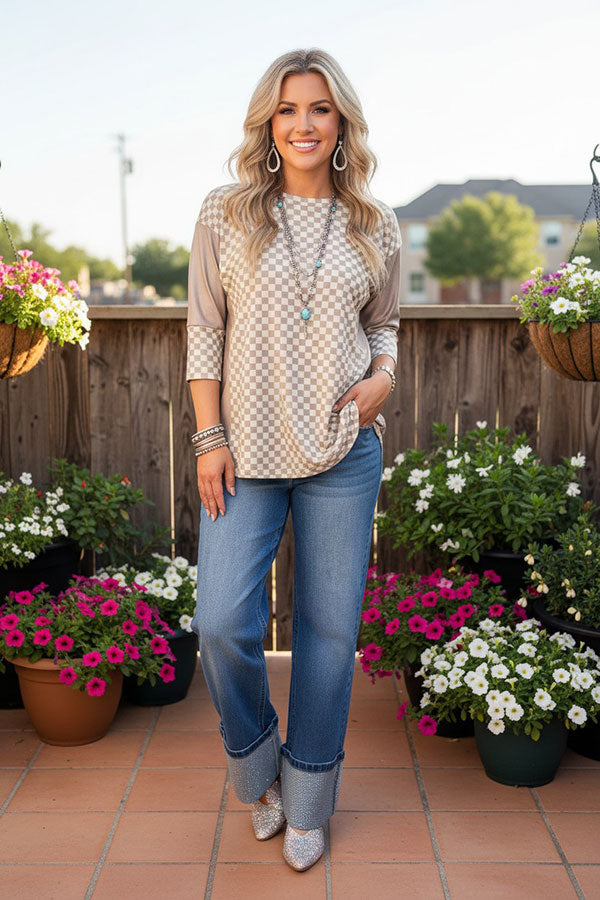 Western grey checkered patchwork 3/4 sleeve women's boutique top Southern Stitch GJQ17308