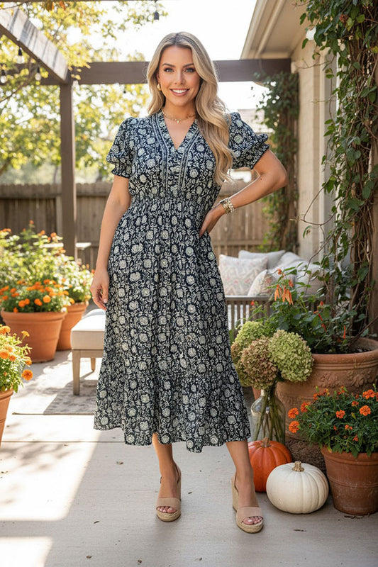 Western floral puff sleeve maxi women's boutique dress Southern Stitch GJQ17418