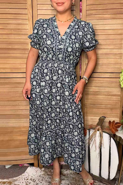 Western floral puff sleeve maxi women's boutique dress Southern Stitch GJQ17418