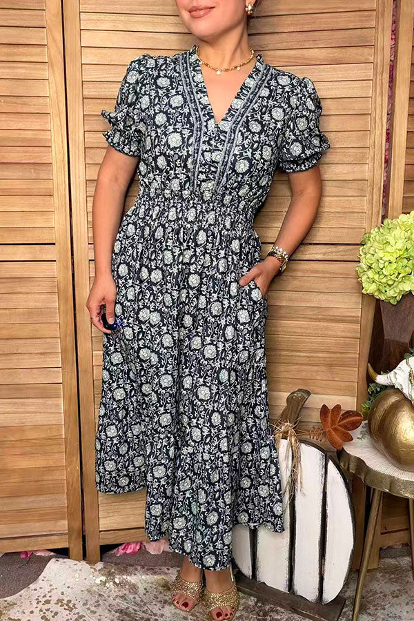 Western floral puff sleeve maxi women's boutique dress Southern Stitch GJQ17418