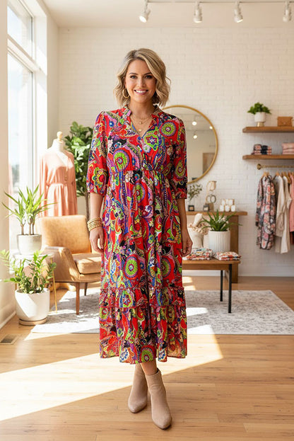 Western floral patterns print short sleeve maxi women's boutique dress Southern Stitch GJQ17459