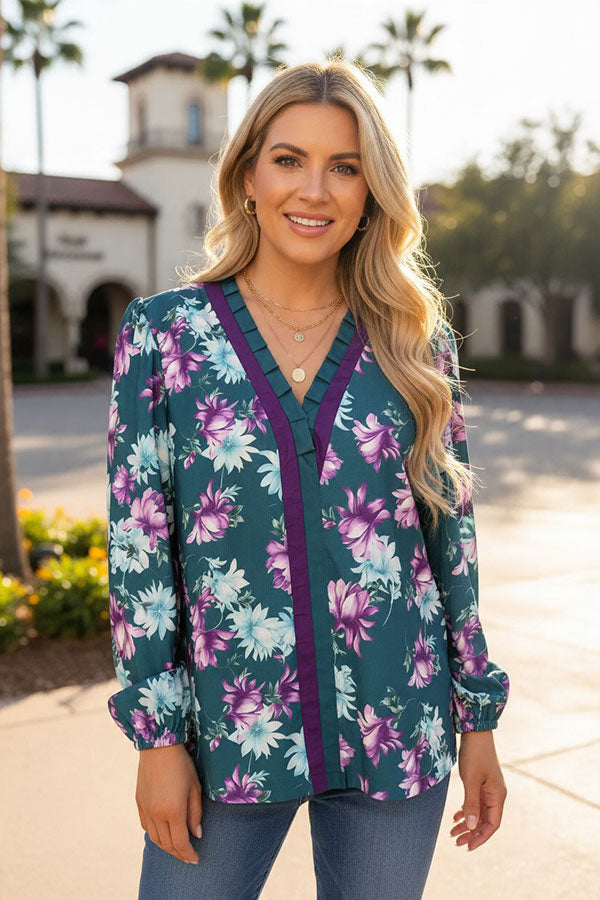 Western floral print long sleeve ruffle women's boutique top Southern Stitch GJQ17492