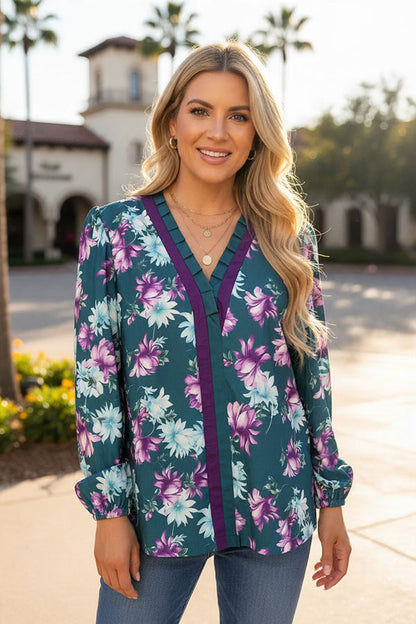Western floral print long sleeve ruffle women's boutique top Southern Stitch GJQ17492