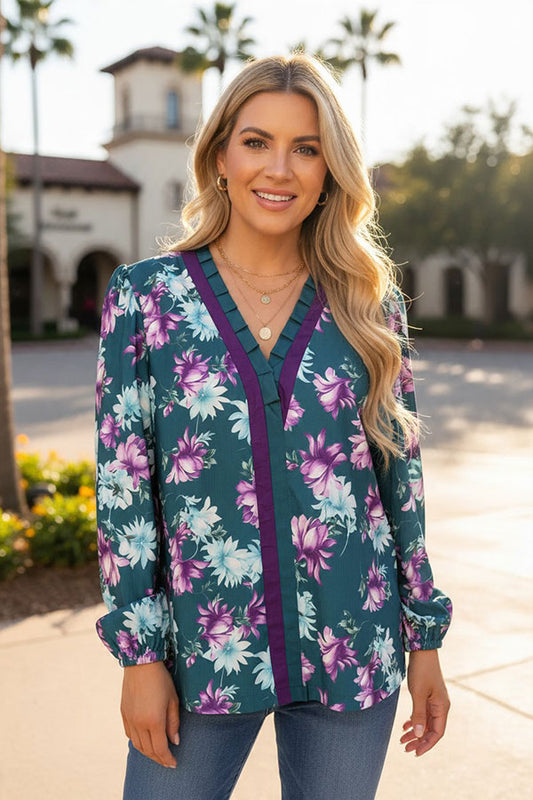 Western floral print long sleeve ruffle women's boutique top Southern Stitch GJQ17492