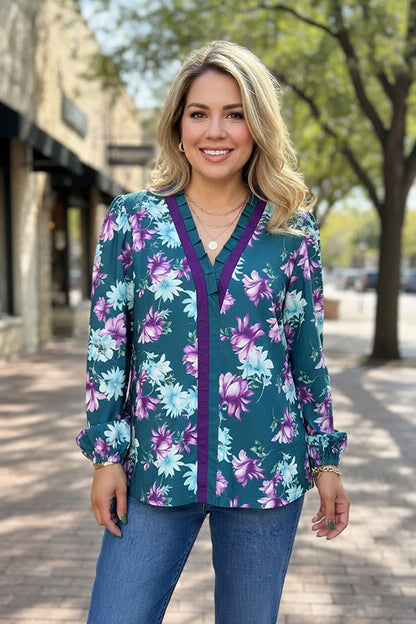 Western floral print long sleeve ruffle women's boutique top Southern Stitch GJQ17492