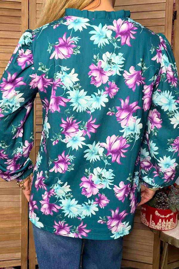 Western floral print long sleeve ruffle women's boutique top Southern Stitch GJQ17492