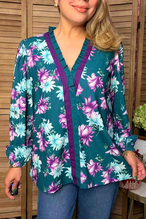 Western floral print long sleeve ruffle women's boutique top Southern Stitch GJQ17492