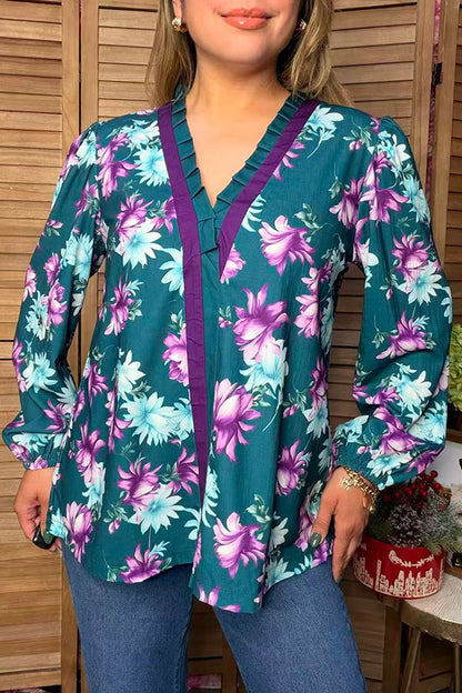 Western floral print long sleeve ruffle women's boutique top Southern Stitch GJQ17492