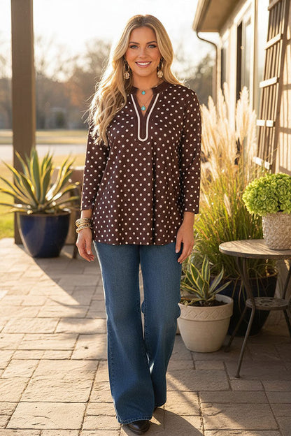 Western brown dots 3/4 sleeve women's boutique blouse Southern Stitch GJQ17634