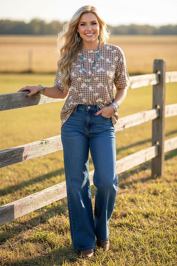 Western patterns & plaid short sleeve women's boutique top GJQ17510
