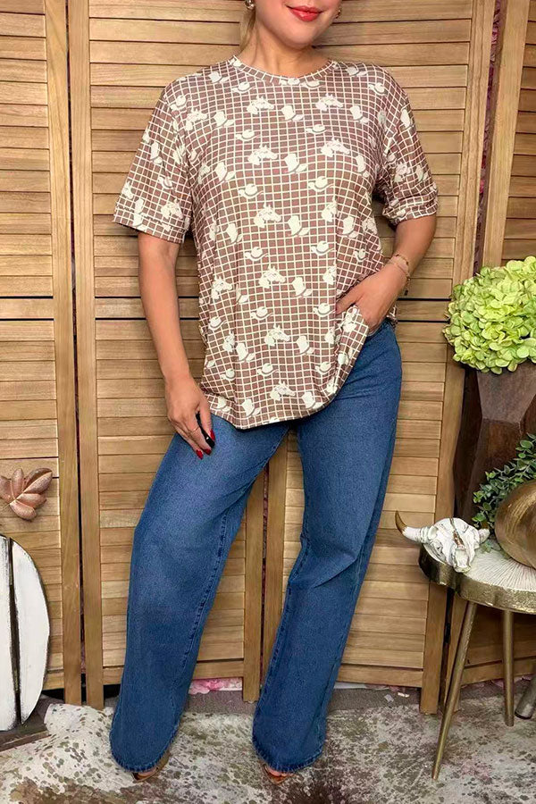 Western patterns & plaid short sleeve women's boutique top GJQ17510