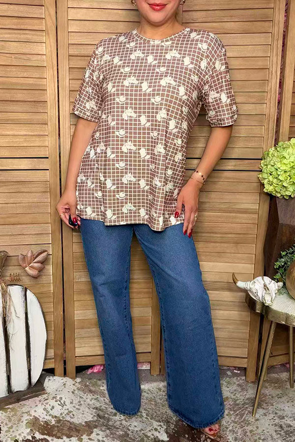 Western patterns & plaid short sleeve women's boutique top GJQ17510