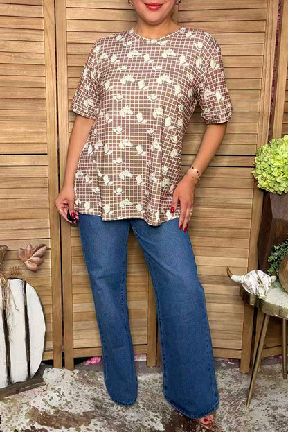 Western patterns & plaid short sleeve women's boutique top GJQ17510