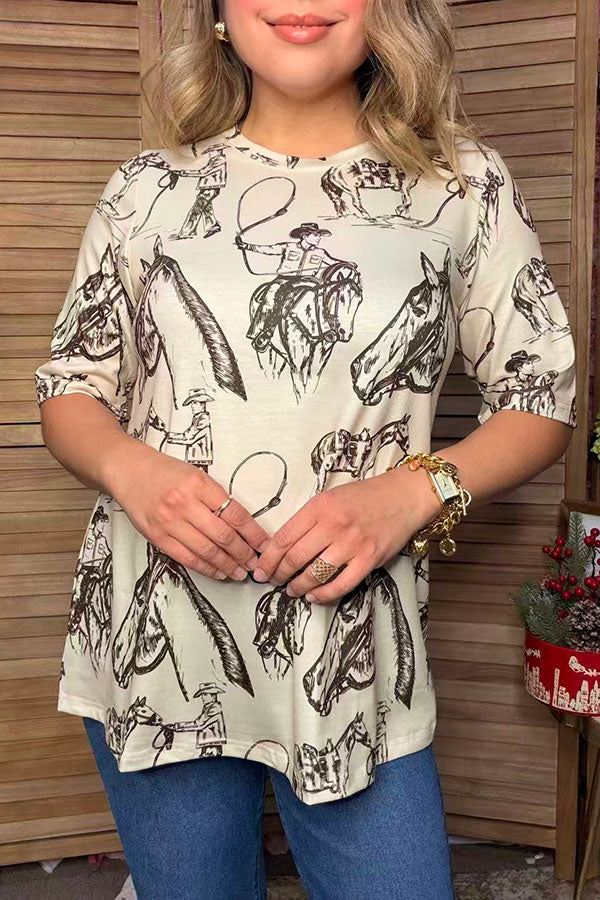 Western horse printed short sleeve women's boutique top Southern Stitch GJQ17511