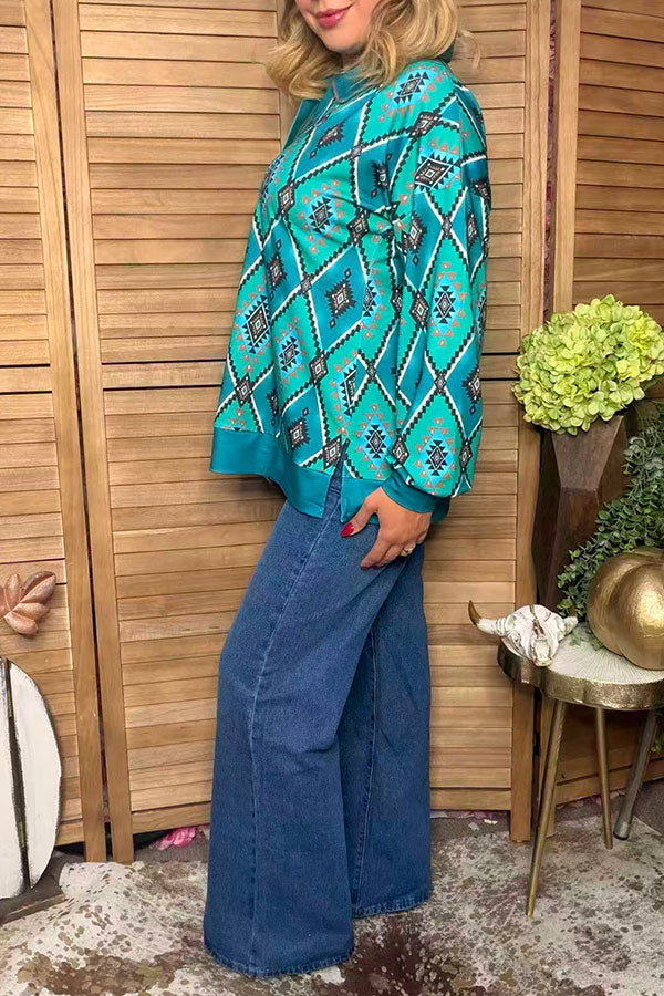 Western turquoise aztec print long sleeve women's boutique top Southern Stitch GJQ17515