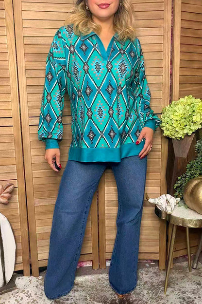 Western turquoise aztec print long sleeve women's boutique top Southern Stitch GJQ17515