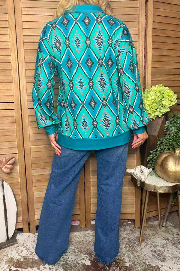 Western turquoise aztec print long sleeve women's boutique top Southern Stitch GJQ17515