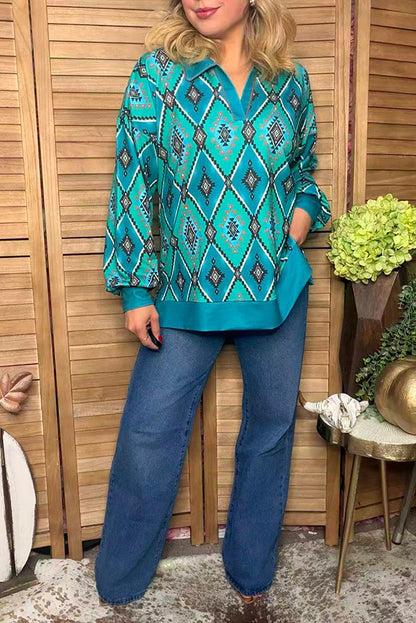 Western turquoise aztec print long sleeve women's boutique top Southern Stitch GJQ17515