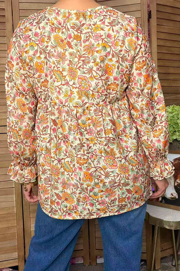Chic floral printed cream buttons long sleeve women's boutique top GJQ17521