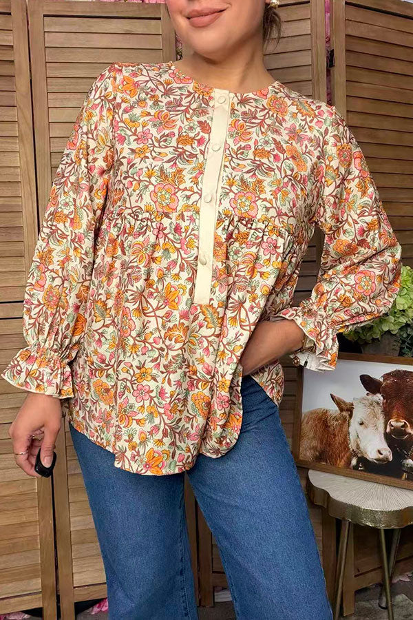 Chic floral printed cream buttons long sleeve women's boutique top GJQ17521