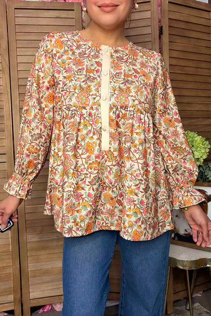 Chic floral printed cream buttons long sleeve women's boutique top GJQ17521