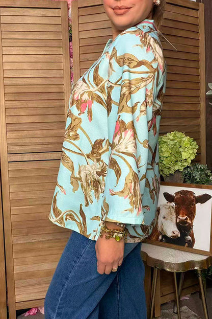 Western floral print wide long sleeve women's boutique top GJQ17528