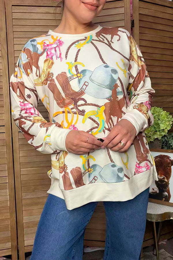 Western pattern print long sleeve women's boutique sweatshirt GJQ17529