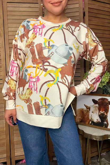 Western pattern print long sleeve women's boutique sweatshirt GJQ17529