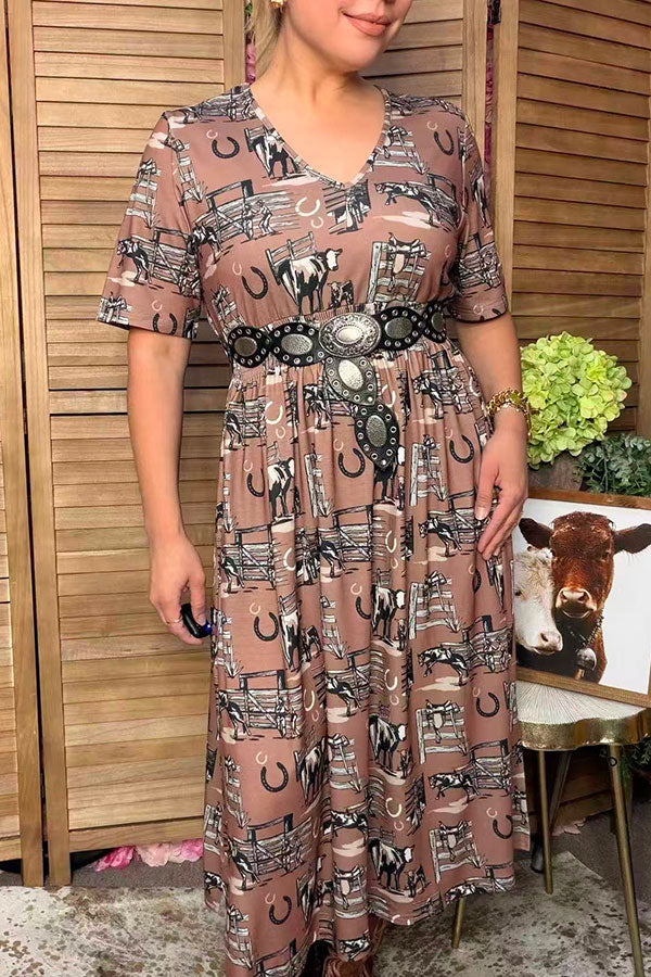 Western farm cow printed short sleeve women's boutique dress Southern Stitch GJQ17530