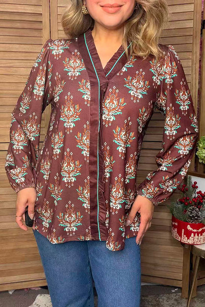 Western floral long sleeve brown women's boutique blouse Southern Stitch GJQ17531