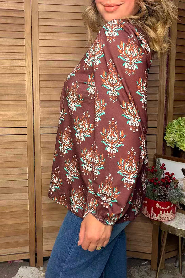 Western floral long sleeve brown women's boutique blouse Southern Stitch GJQ17531