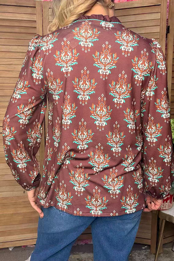 Western floral long sleeve brown women's boutique blouse Southern Stitch GJQ17531