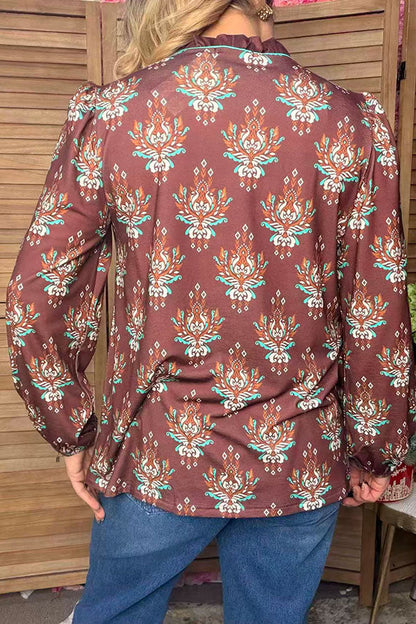 Western floral long sleeve brown women's boutique blouse Southern Stitch GJQ17531