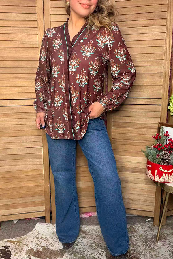Western floral long sleeve brown women's boutique blouse Southern Stitch GJQ17531