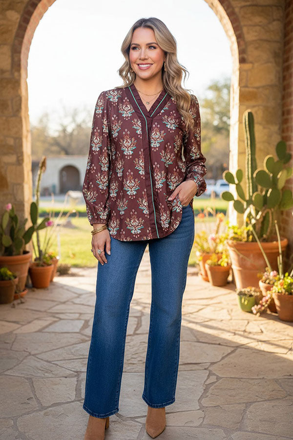 Western floral long sleeve brown women's boutique blouse Southern Stitch GJQ17531