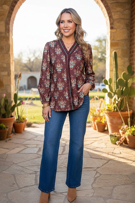 Western floral long sleeve brown women's boutique blouse Southern Stitch GJQ17531