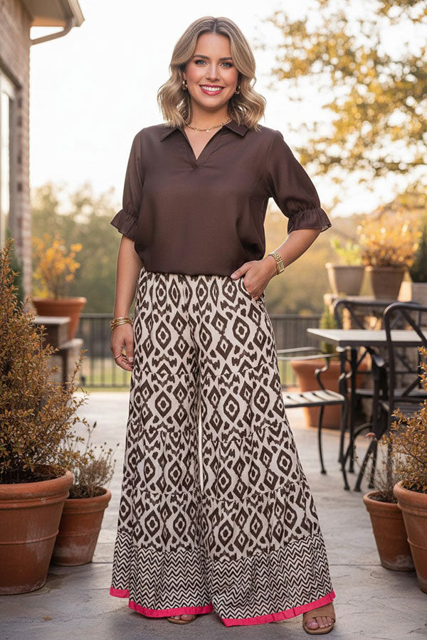 Western solid color brown 3/4 sleeve women's boutique top GJQ17535